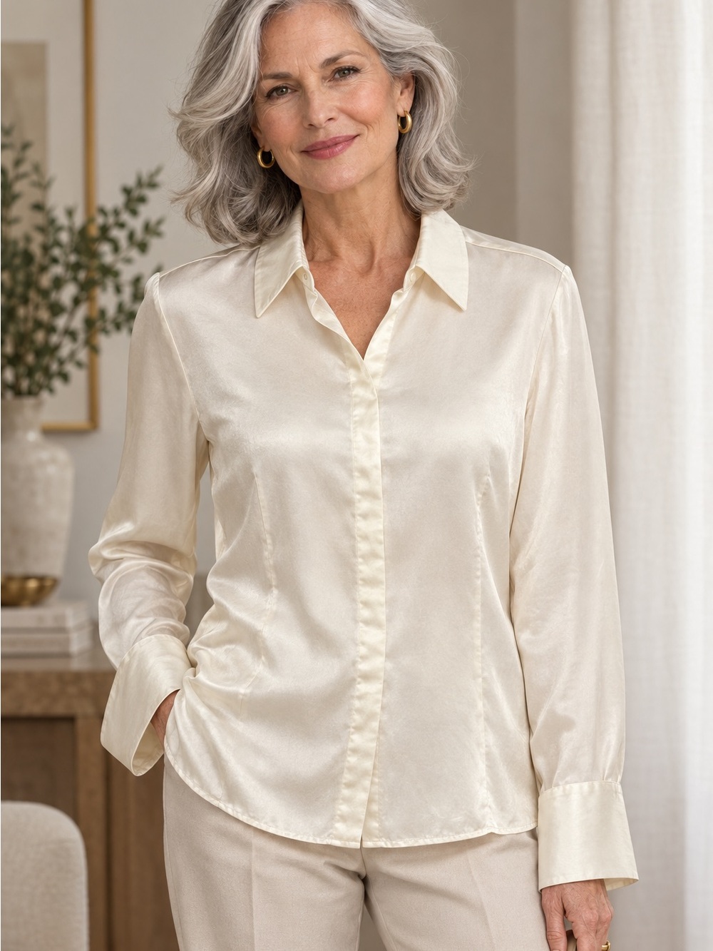 Jaclyn Smith 100% Silk Cream Ivory Button-Front Blouse (L)